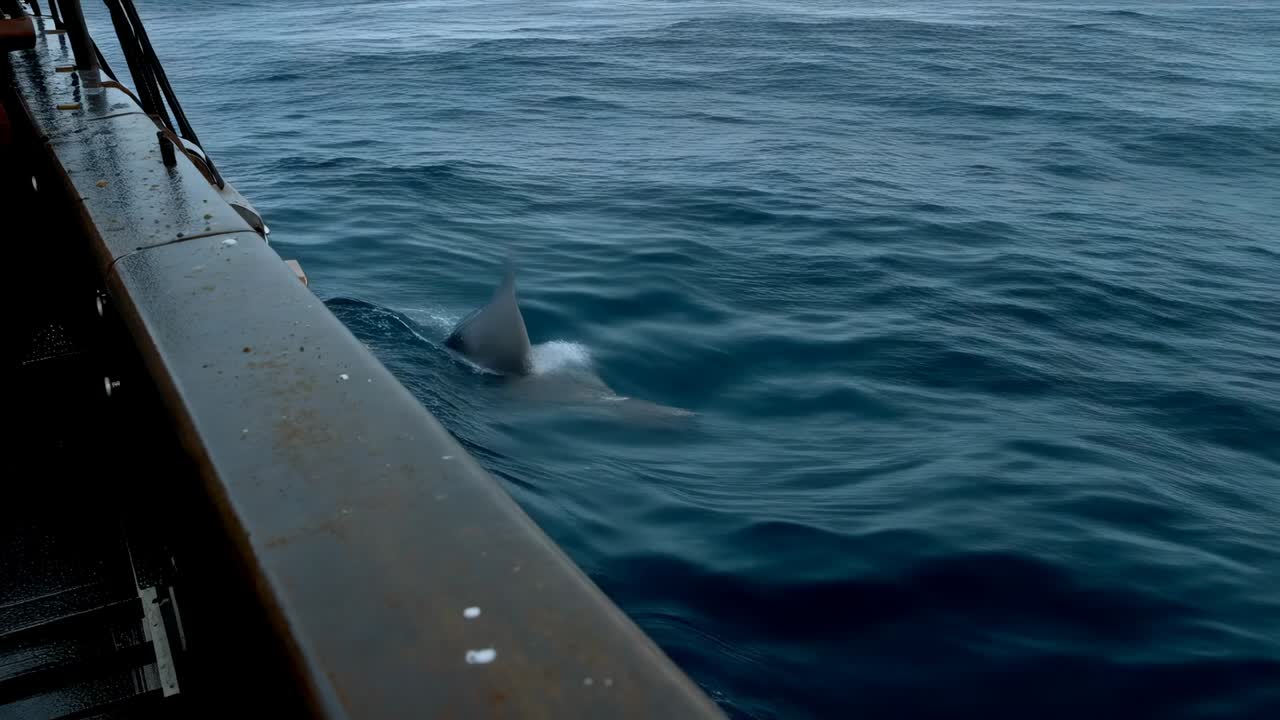 Surfacing orca cruising alongside starboard rail after boat passing, creating wake and foam