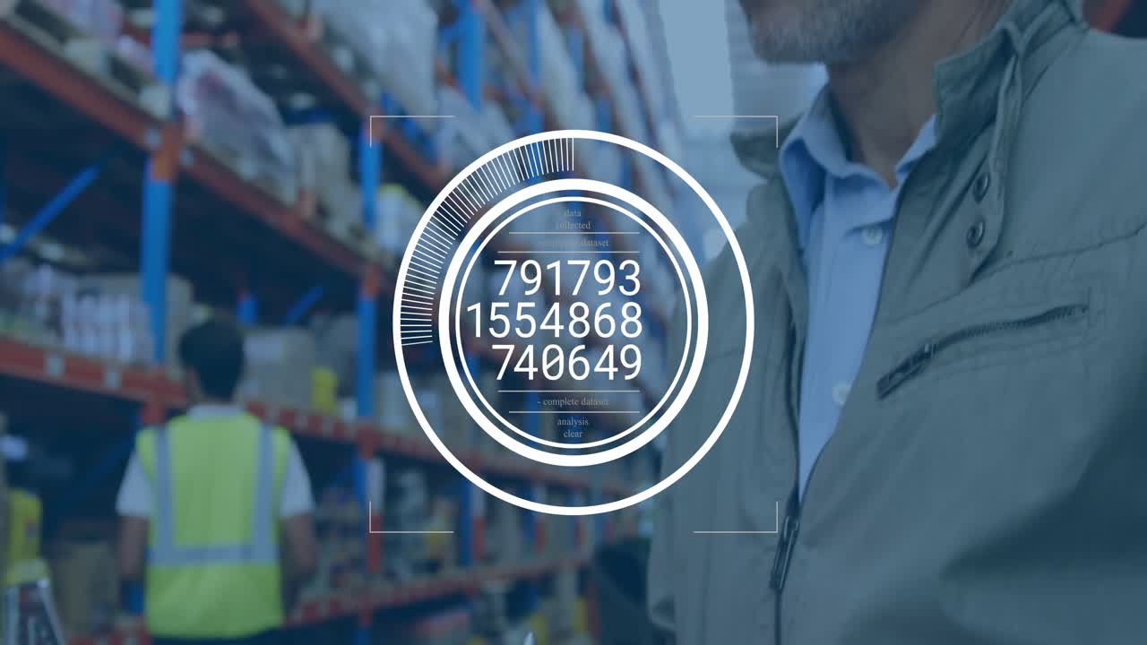 Warehouse manager writing notes in logistics aisle after interface appearing, updating stock data