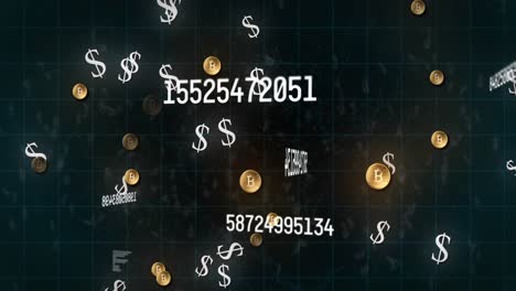 Animation-of-numbers-changing-and-american-dollar-and-bitcoin-symbols-over-grid