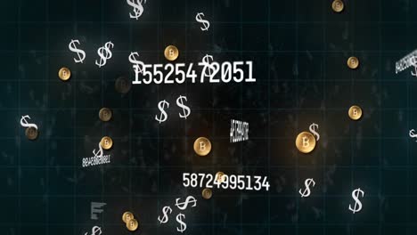 animation of numbers changing and american dollar and bitcoin symbols over grid