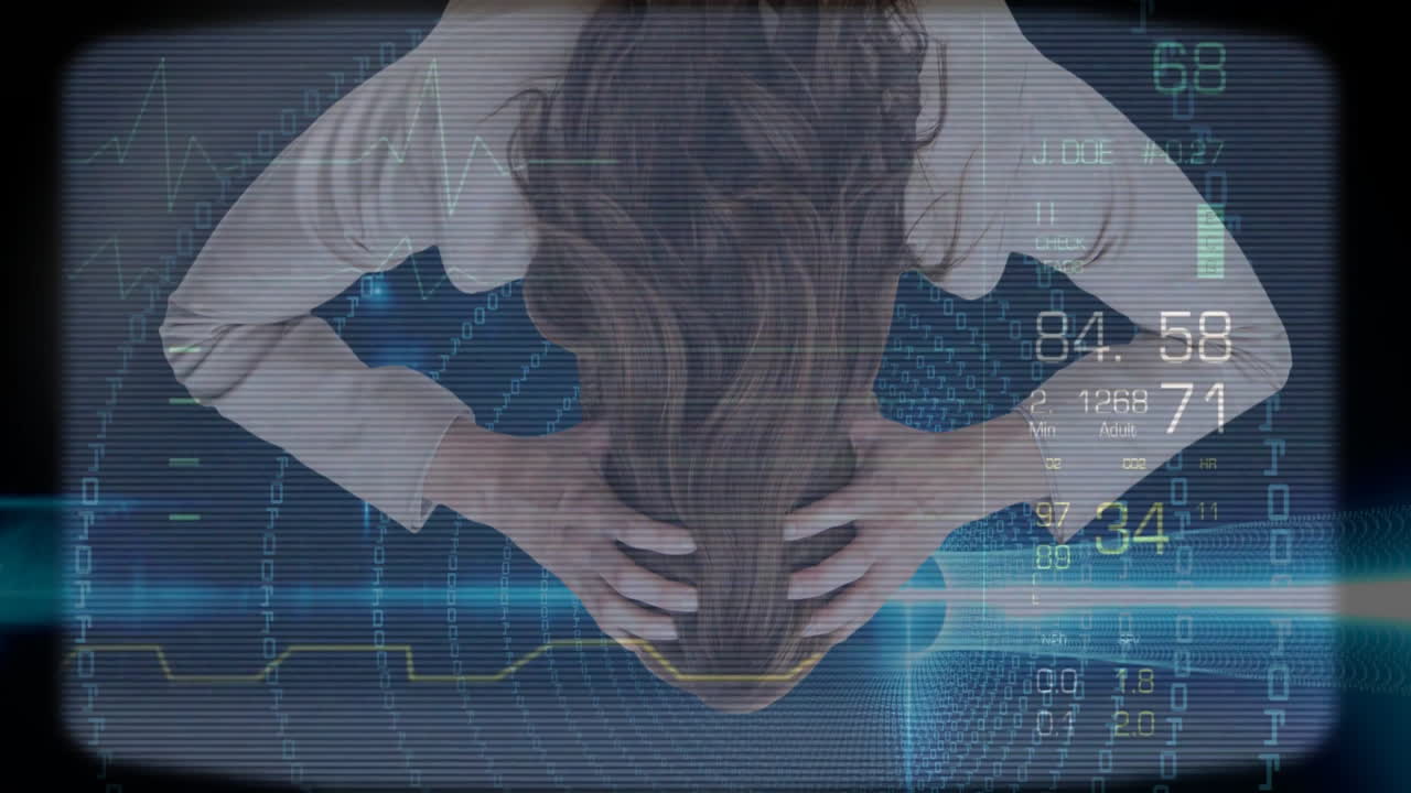 Holding head over digital data, person analyzing graphs, feeling stressed in office