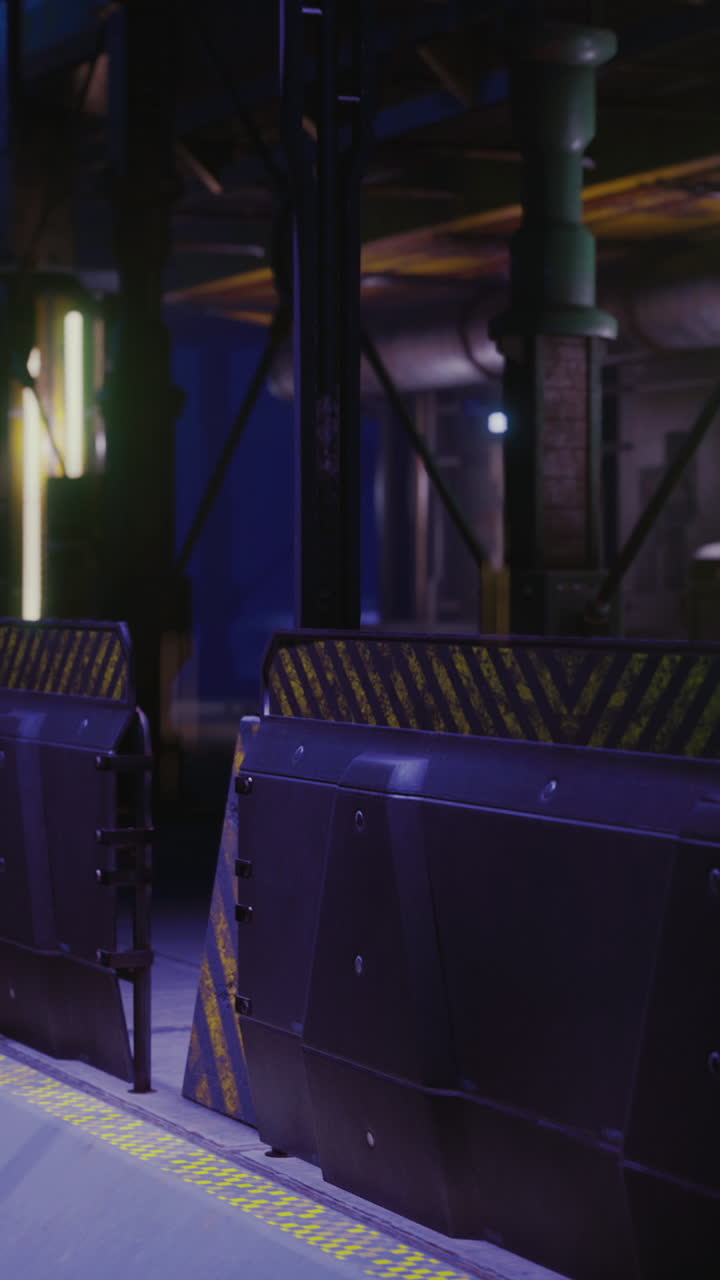 Futuristic warehouse interior with illuminated barriers and industrial elements