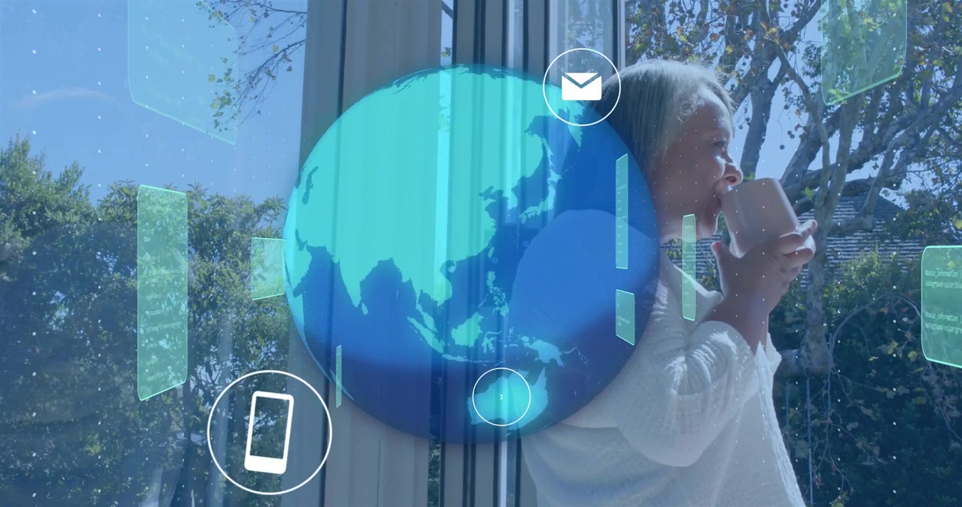 Senior woman sipping coffee at glass door while tech globe forming, floating icons showing features