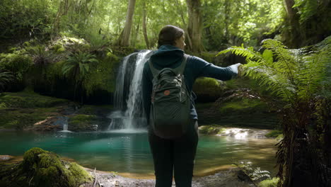 person admiring a beautiful waterfall in a lush forest