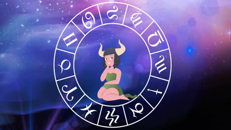 animation of taurus star sign with horoscope wheel spinning over stars on blue to purple background