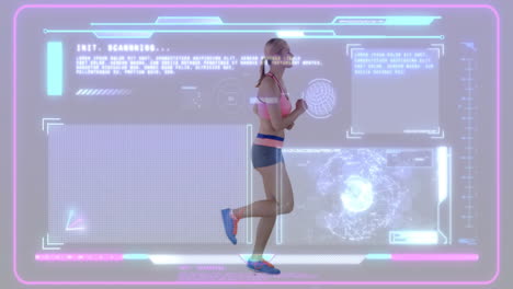 fitness data analysis animation over woman jogging in futuristic interface