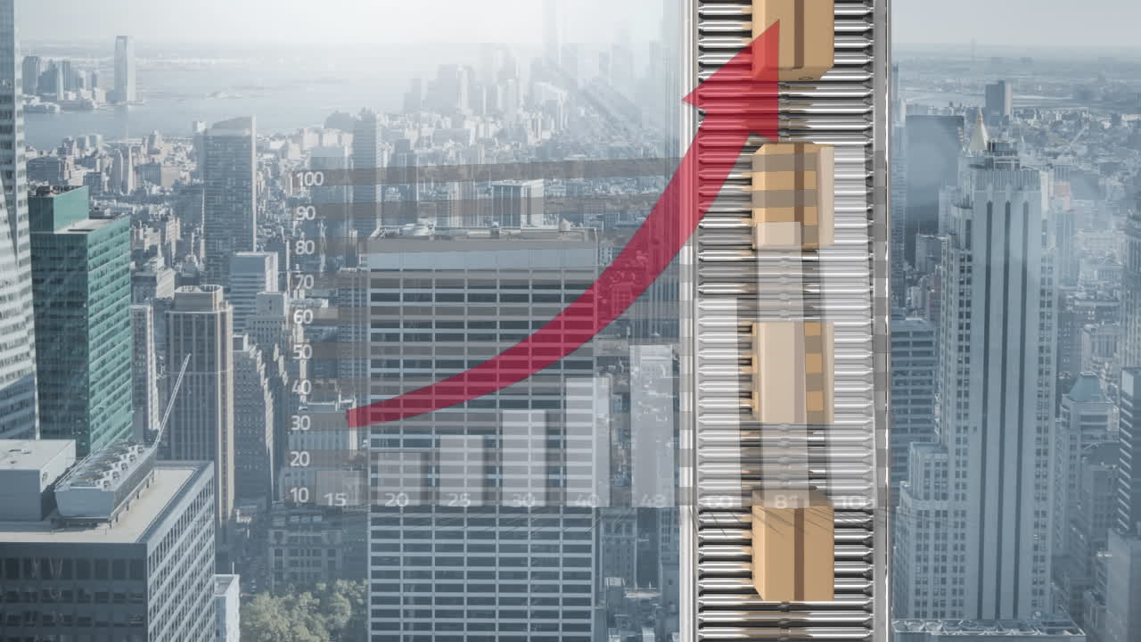 컨베이어 벨트와 도시 풍경에 있는 카드보드 상자 위의 통계 처리의 애니메이션