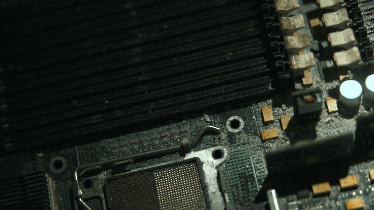 Closeup Motherboard Cpu Socket Showing Corrosion Dust And Components Under Inspection For Repair