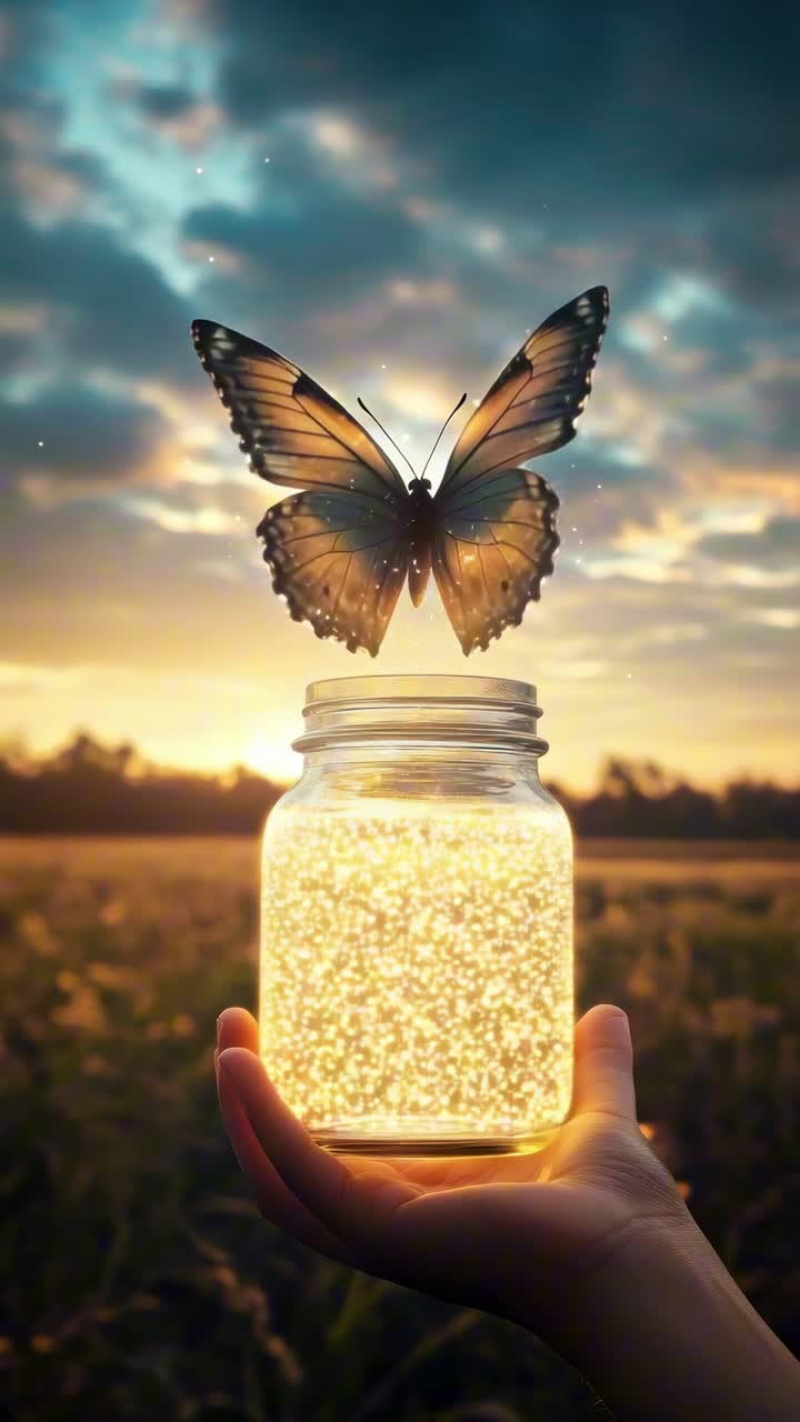 Una toma en primer plano y desde un ángulo bajo de una mano sosteniendo un frasco con partículas brillantes, mientras emerge una mariposa