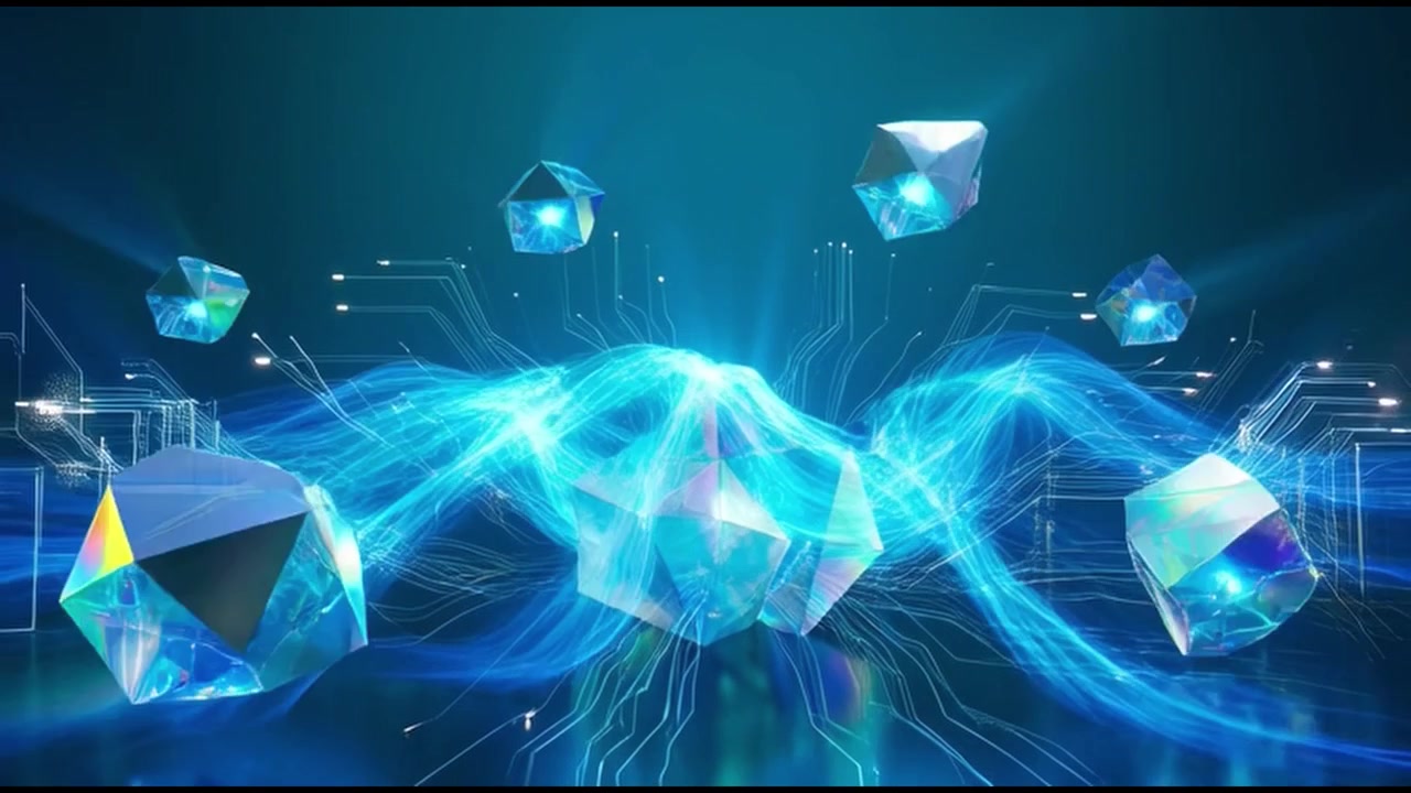 Abstract Digital Background with Floating Geometric Crystals and Glowing Data Streams