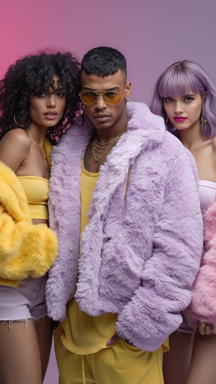 Group of fashionable trendy youth posing in stylish streetwear and purple faux fur coat