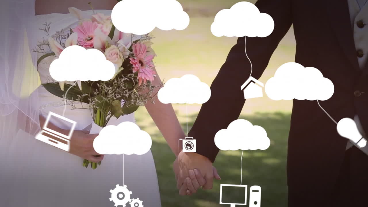 анимация медиа-икон и облаков над кавказской супружеской парой на свадьбе