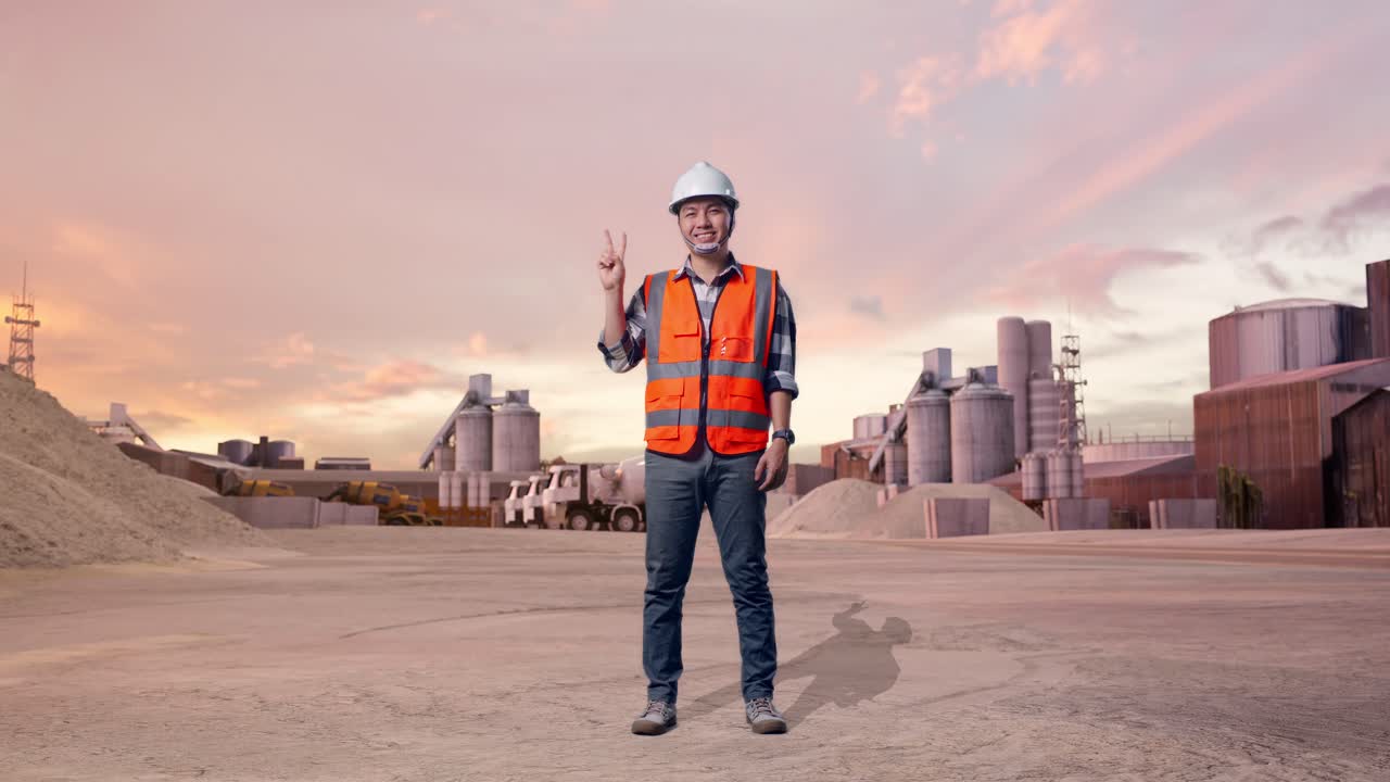 Cuerpo completo de ingeniero asiático con casco de seguridad sonriendo y haciendo el gesto de la paz mientras está de pie en una planta de cemento industrial con camiones hormigonera al atardecer