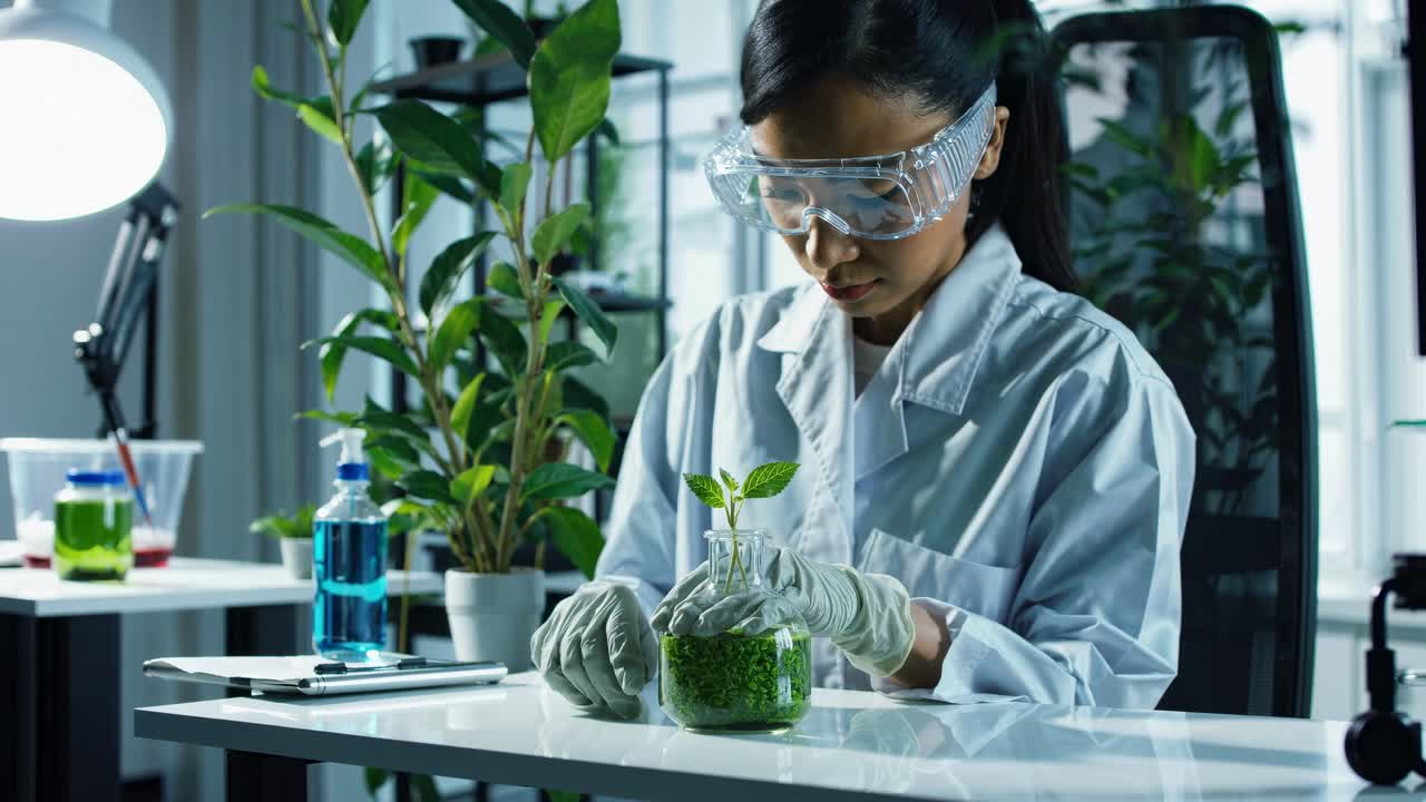 Vědec v laboratorním plášti a s brýlemi zkoumá rostlinu ve sklenici. Video je natočeno z boku.
