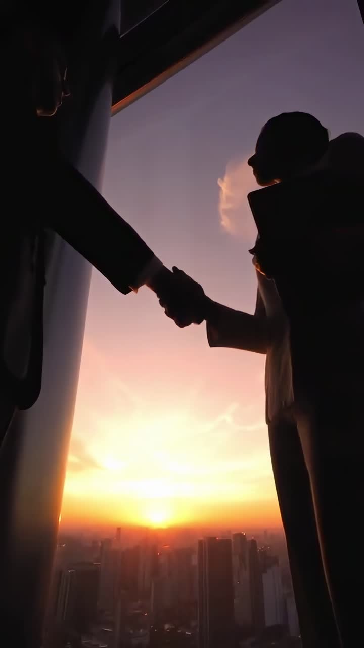 Stretta di mano in silhouette al tramonto, ripresa dal basso, evoca un'atmosfera video cinematografica