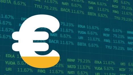 Animation-Eines-Euro-Zeichens,-Das-Sich-über-Der-Verarbeitung-Finanzieller-Daten-Gelb-Füllt