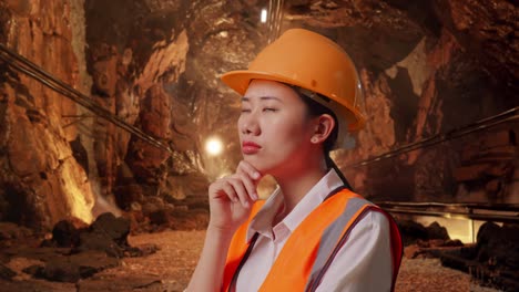 focused female miner in a mine tunnel