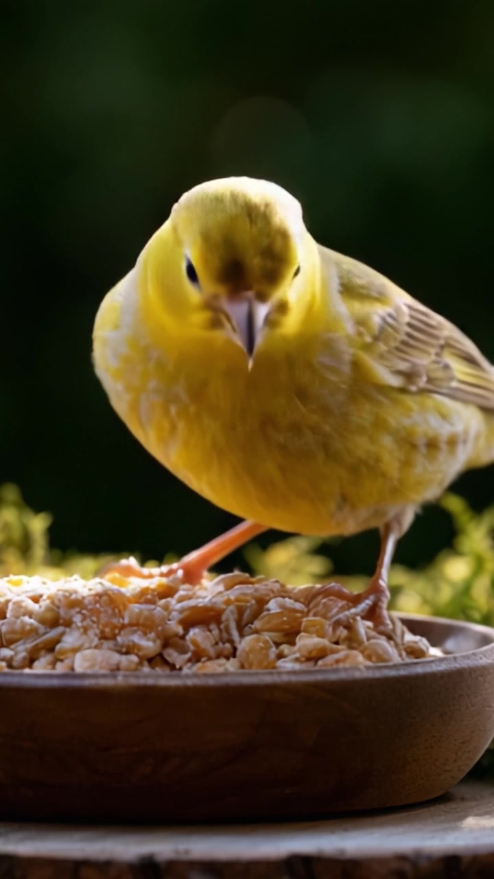 Eine Nahaufnahme eines leuchtend gelben Kanarienvogels, der seine Mahlzeit aus einer Holzschale genießt, umgeben von natürlichem Grün.