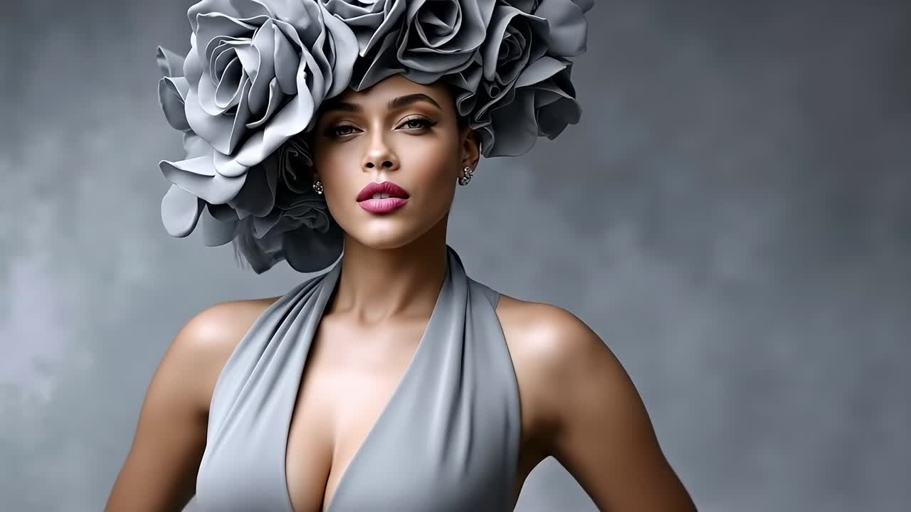 A woman in a gray dress with flowers on her head