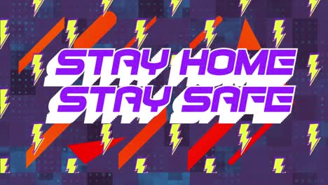 Animation-of-purple-text-Stay-Home-Stay-safe-with-lightning-icons-floating-over-orange-shapes-moving