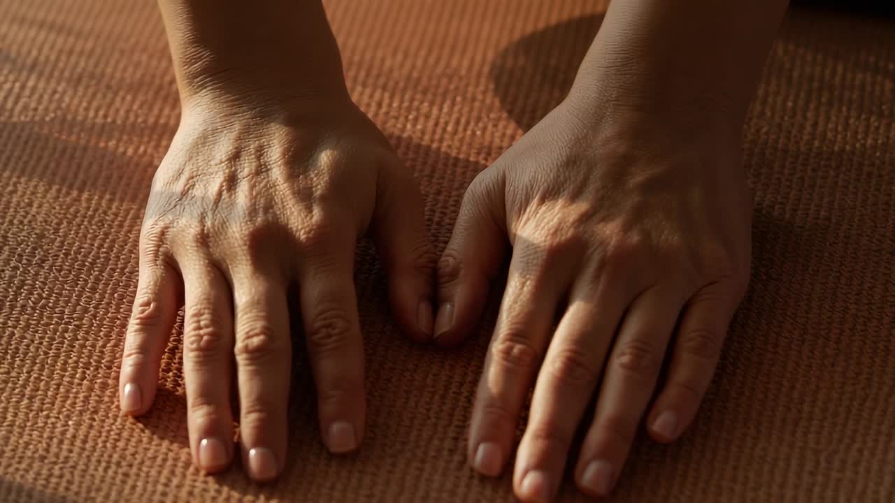Mani con avambracci scoperti che si spostano su un tappetino in terracotta testurizzato, sopra delle cornici, mostrando un tatuaggio sul polso.