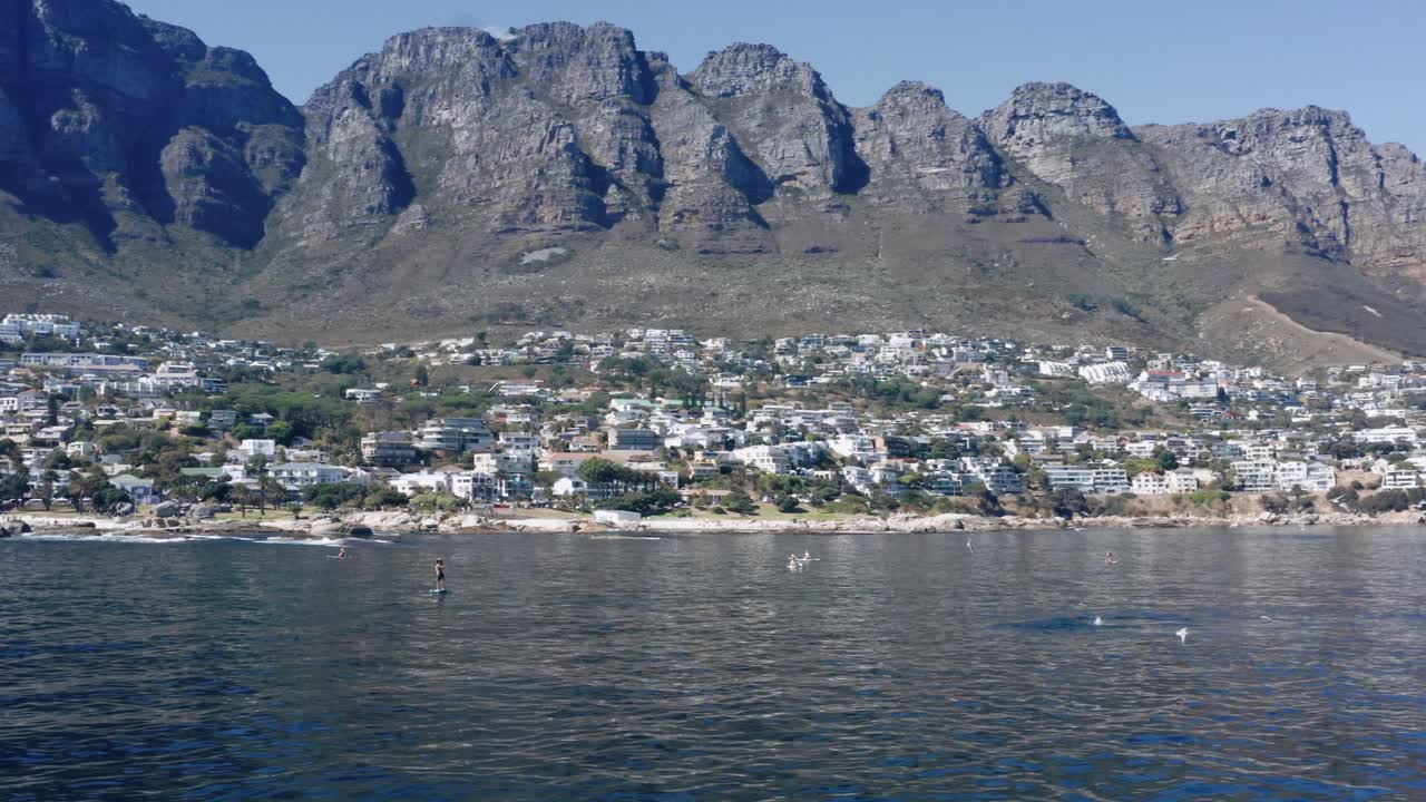 사람들은 더운 여름날 갈매기 떼 사이로 노를 저어 저녁 식사를 합니다.