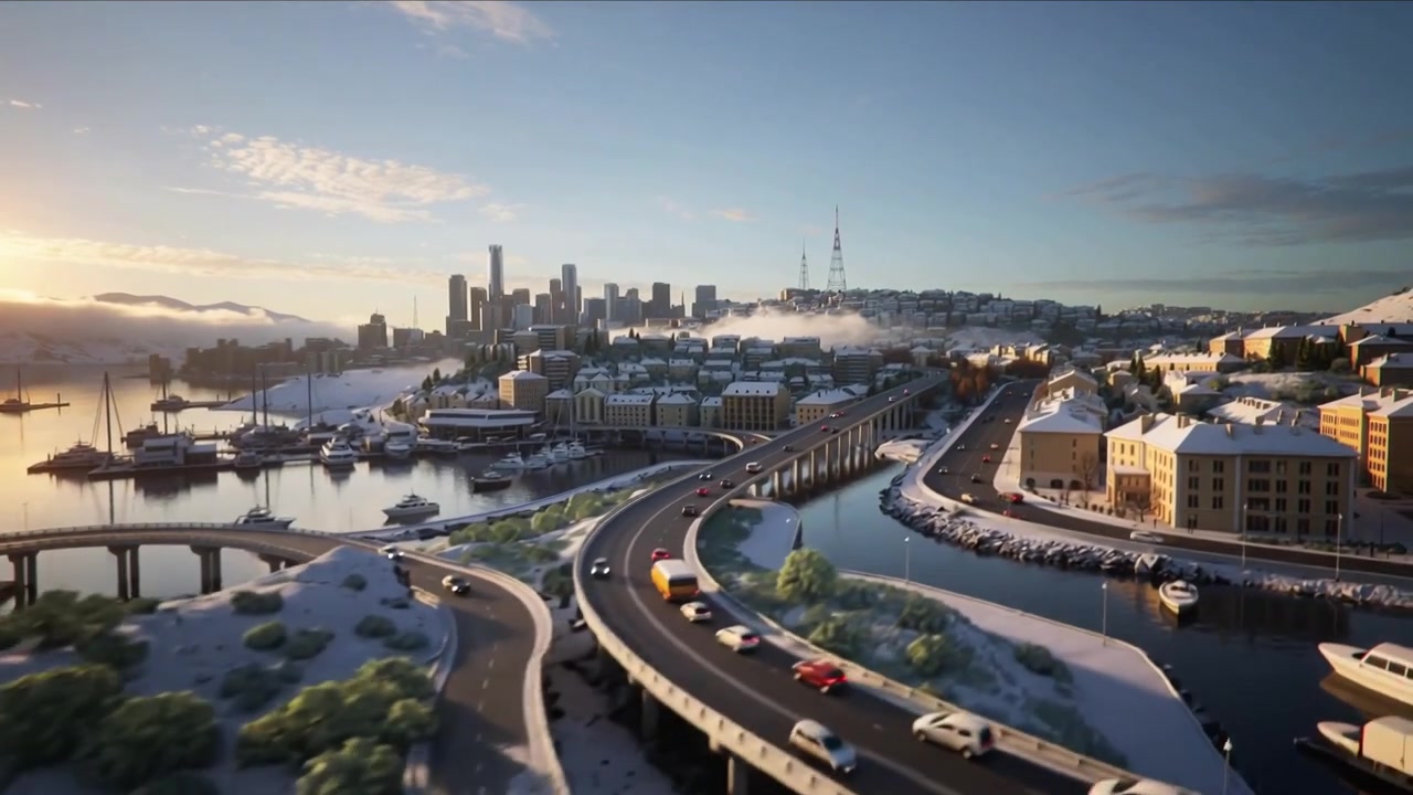 Drone che decolla mostrando un porto costiero e lo skyline che si estende sulla baia, rivelando l'ingresso del porto.