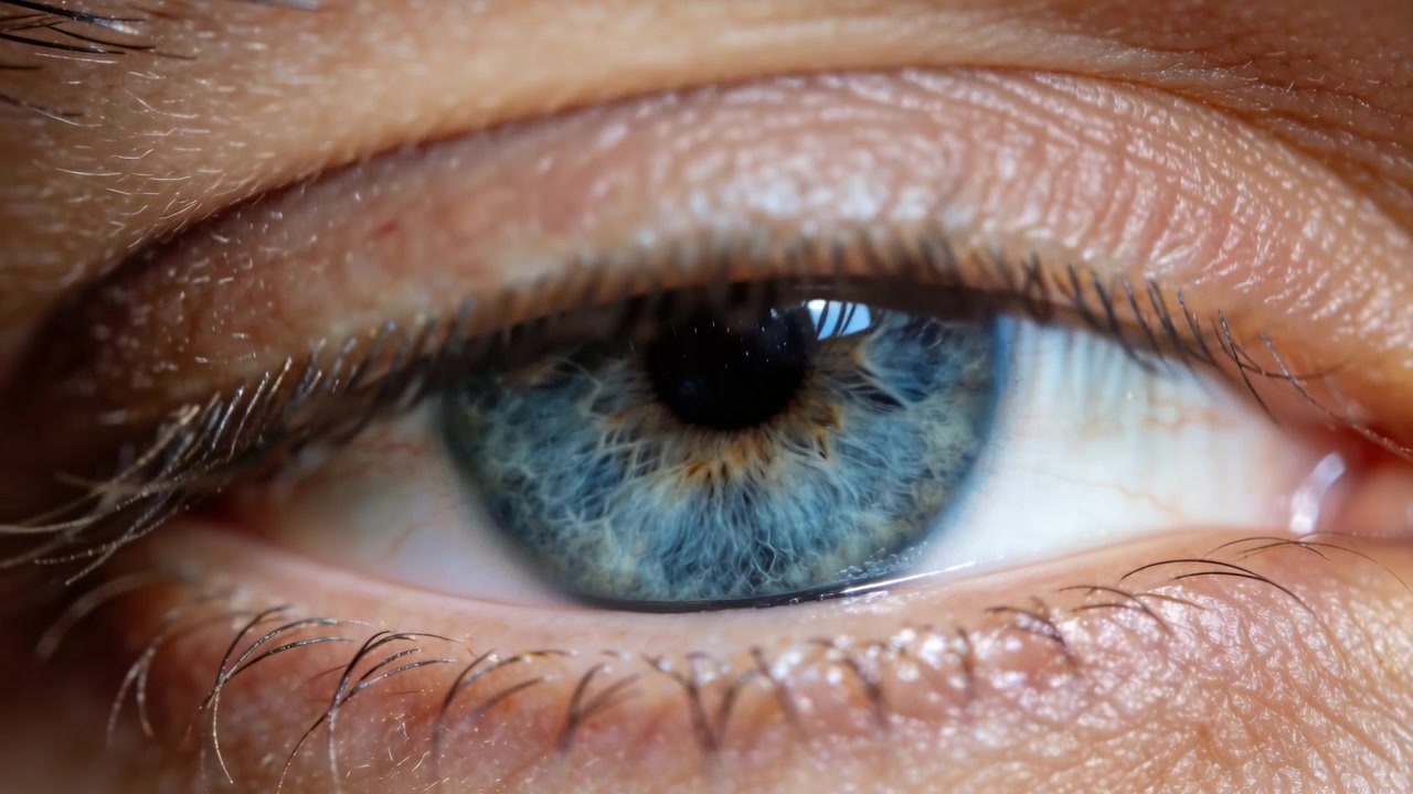 Blinking centered human eye responding to bright rectangular light in studio, revealing iris detail