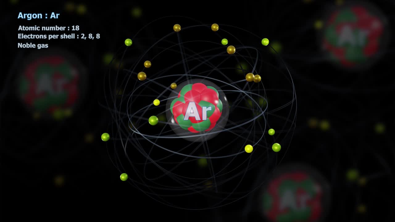 átomo de argón con 18 electrones en rotación orbital infinita con átomos