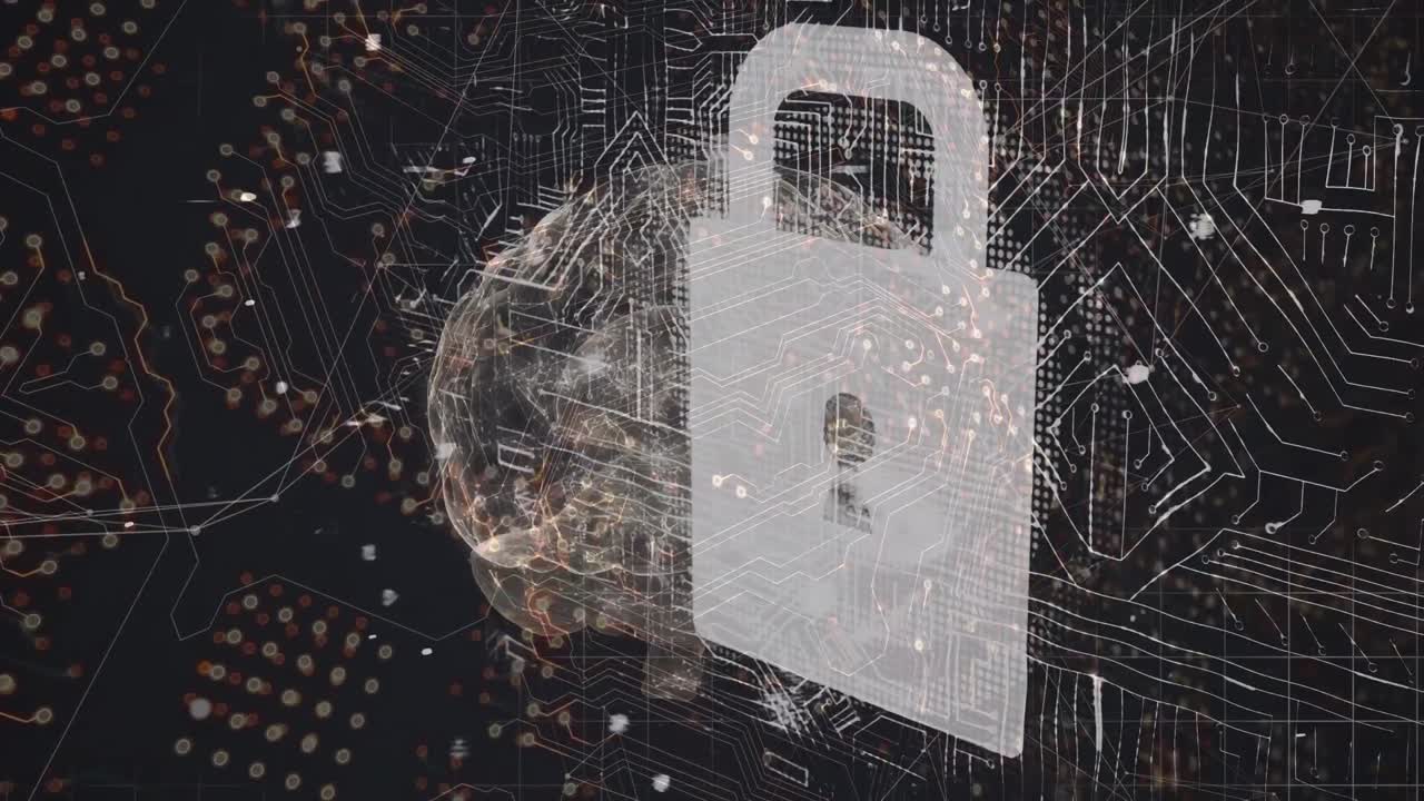 animación del cerebro sobre circuito integrado y candado digital sobre fondo negro