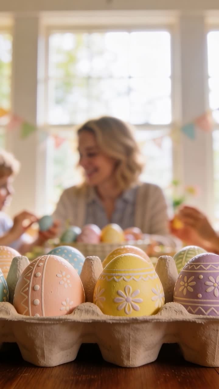 Genitore e figlio si passano uova pastello, decorandole al tavolo della cucina con luce diurna, riempiendo un cartone.