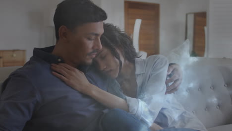 animation of biracial couple embracing over storm
