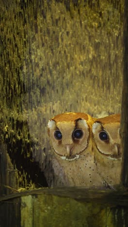 close up of two cute oriental bay owl or phodilus badius on their nest