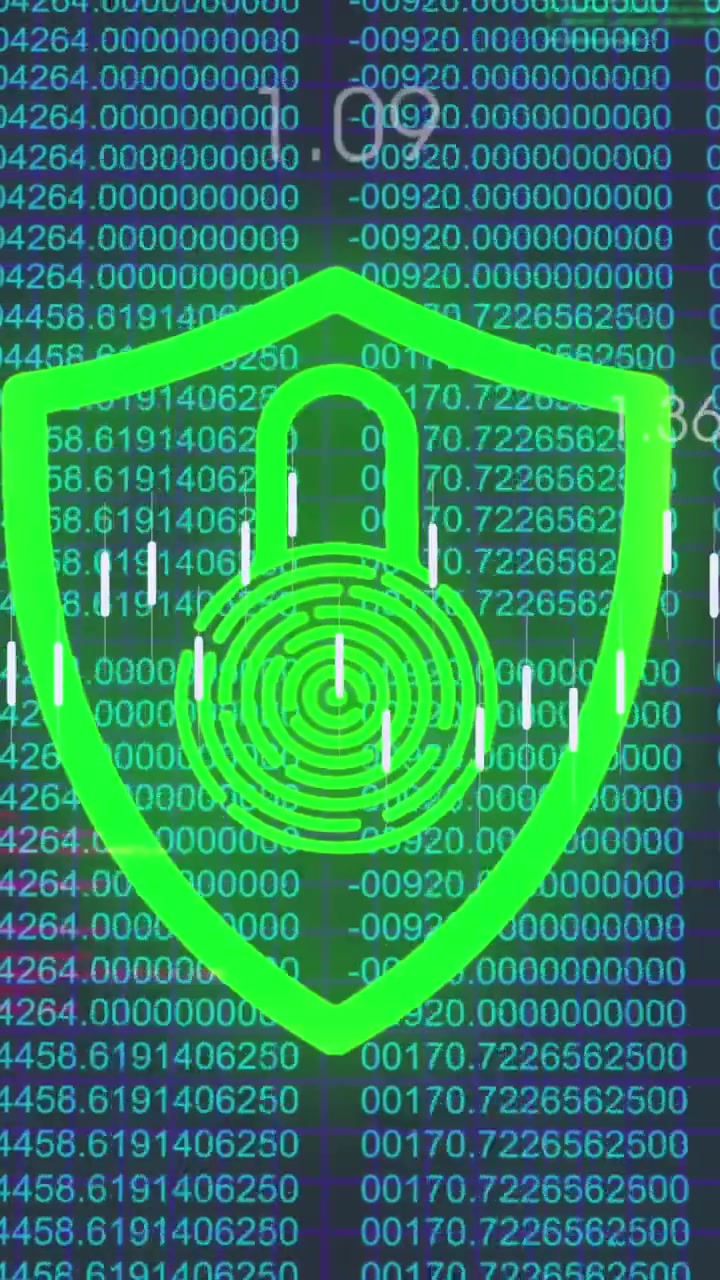 Animación de procesamiento de datos financieros sobre un icono de candado en fondo negro