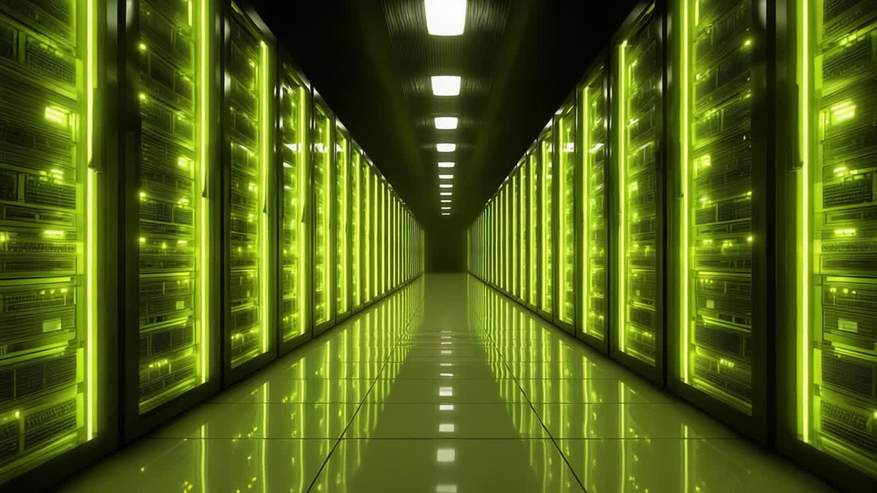 A Futuristic Data Center Corridor with Illuminated Server Racks: A Glimpse into High-Tech Infrastructure