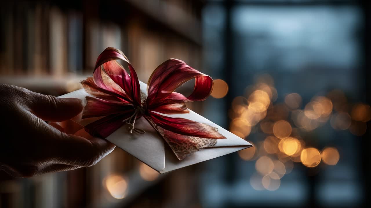 A beautifully wrapped envelope adorned with a vibrant ribbon is held against a softly blurred background of glowing lights, evoking a sense of warmth and anticipation for the message contained within