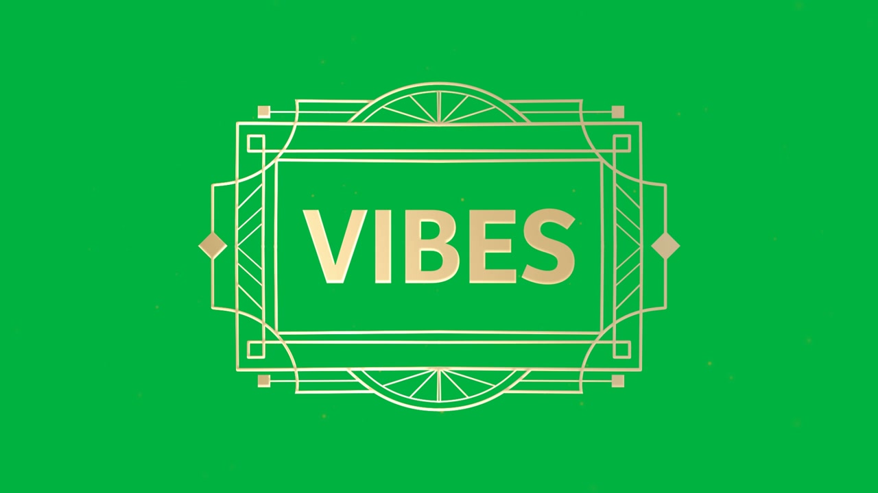 Animation of gold text vibes, in decorative gold frame, on orange background