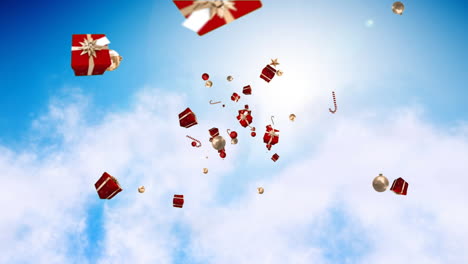 animación de regalos que caen y bastones de caramelo sobre el cielo nublado