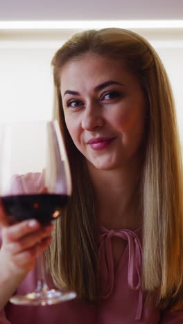 positive lady in pink blouse flirts and drinks aged red wine from stylish wineglass sitting at table during romantic dinner at home slow motion