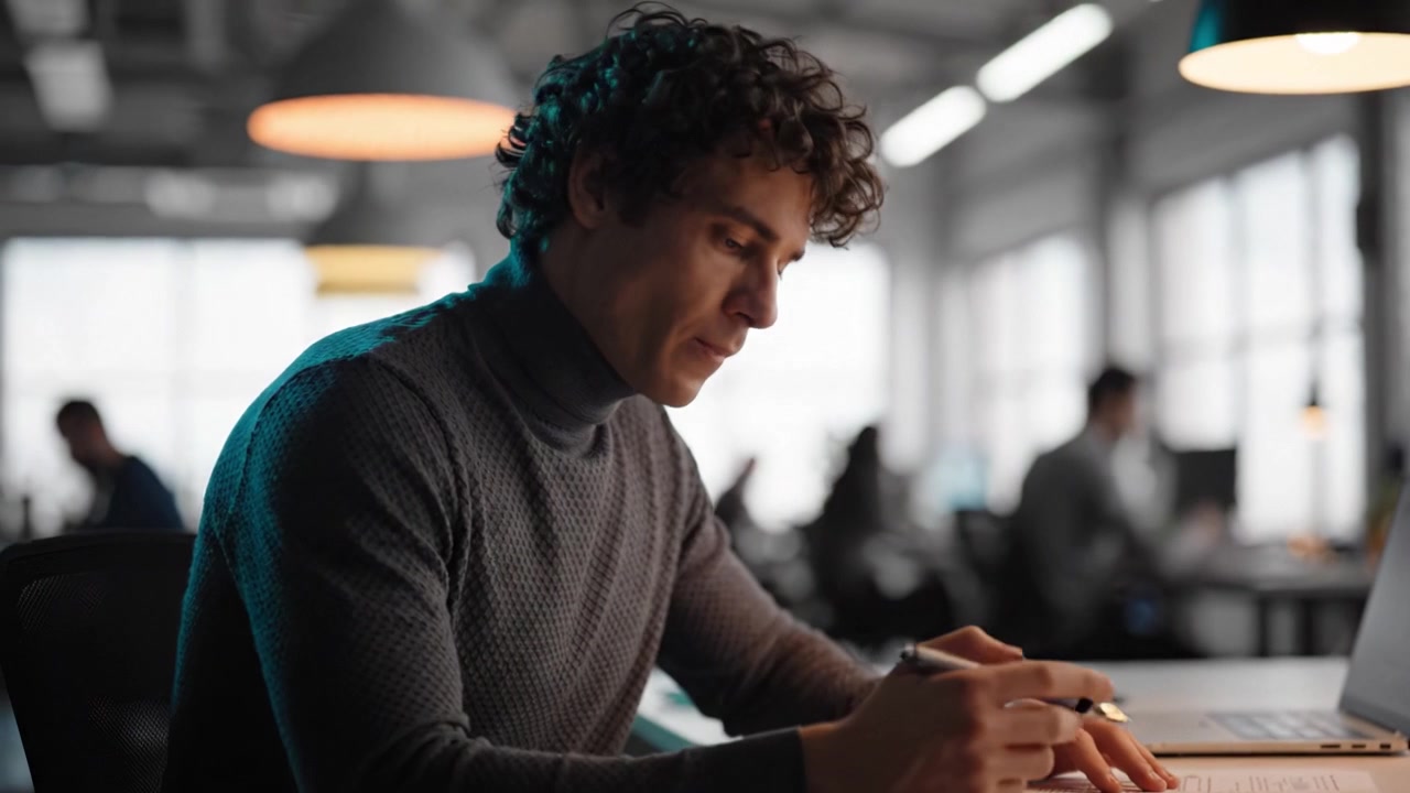 Giovane uomo concentrato che prende appunti alla scrivania in un moderno ambiente d'ufficio, catturando l'essenza del lavoro e della concentrazione in un contesto di lavoro collaborativo.