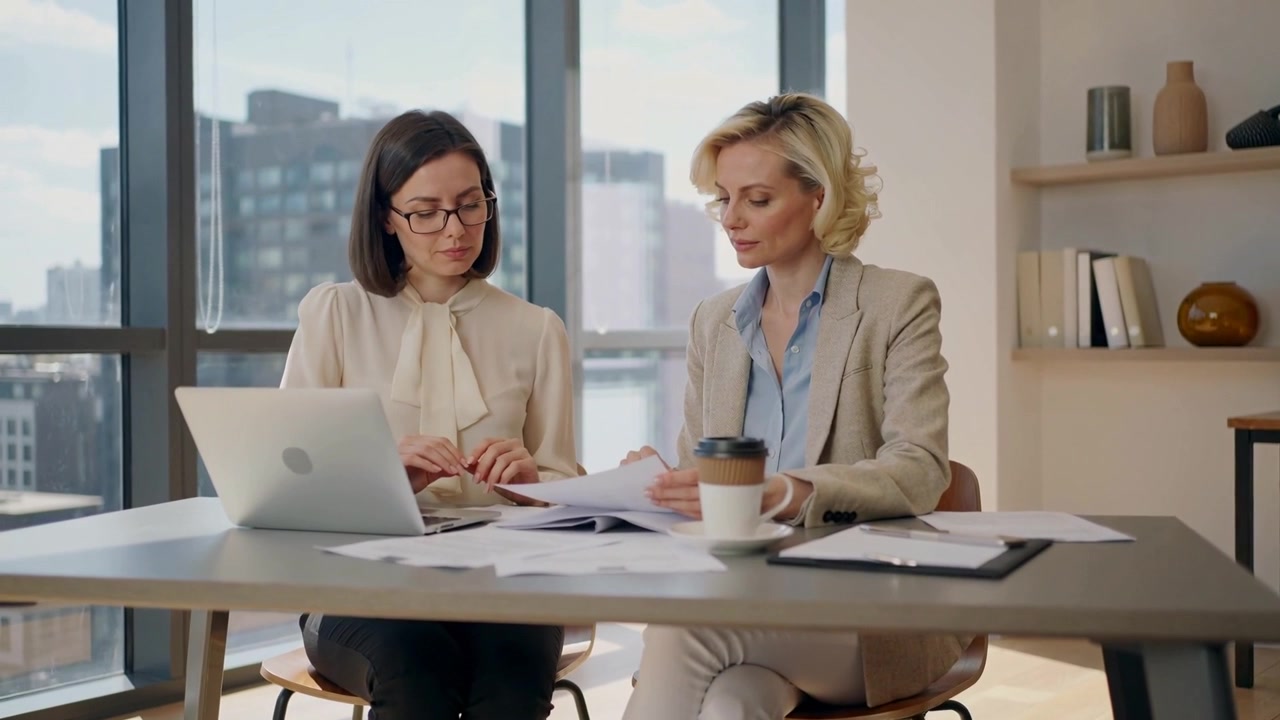 Due donne in blazer che indicano dei documenti, esaminando documenti e un laptop in ufficio, con una tazza di caffè.