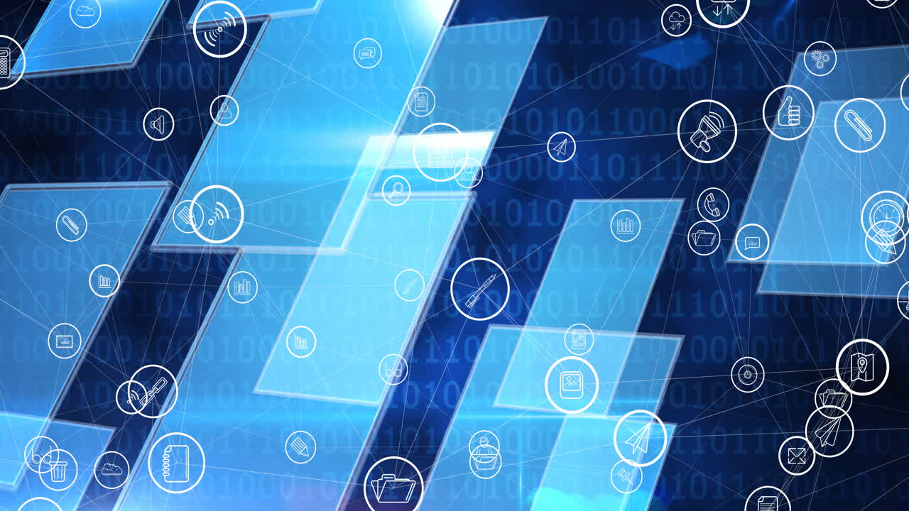 백그라운드에서 바이너리 코딩을 통해 디지털 아이콘으로 연결 네트워크의 애니메이션