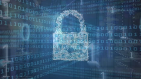Animation of security padlock icon and binary coding data processing against blue background