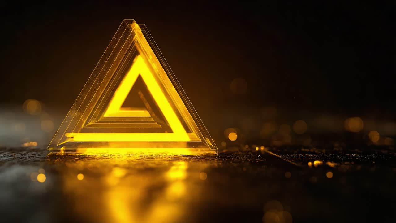 A captivating golden triangular structure featuring a series of nested transparent layers, radiating an alluring glow that creates a mesmerizing visual impact against a dark background, emphasizing depth and light interplay