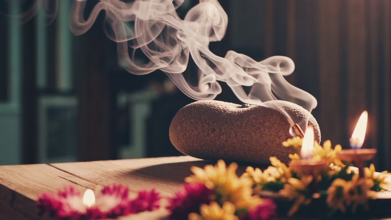 Incense burning on a stone incense burner with flowers and candles