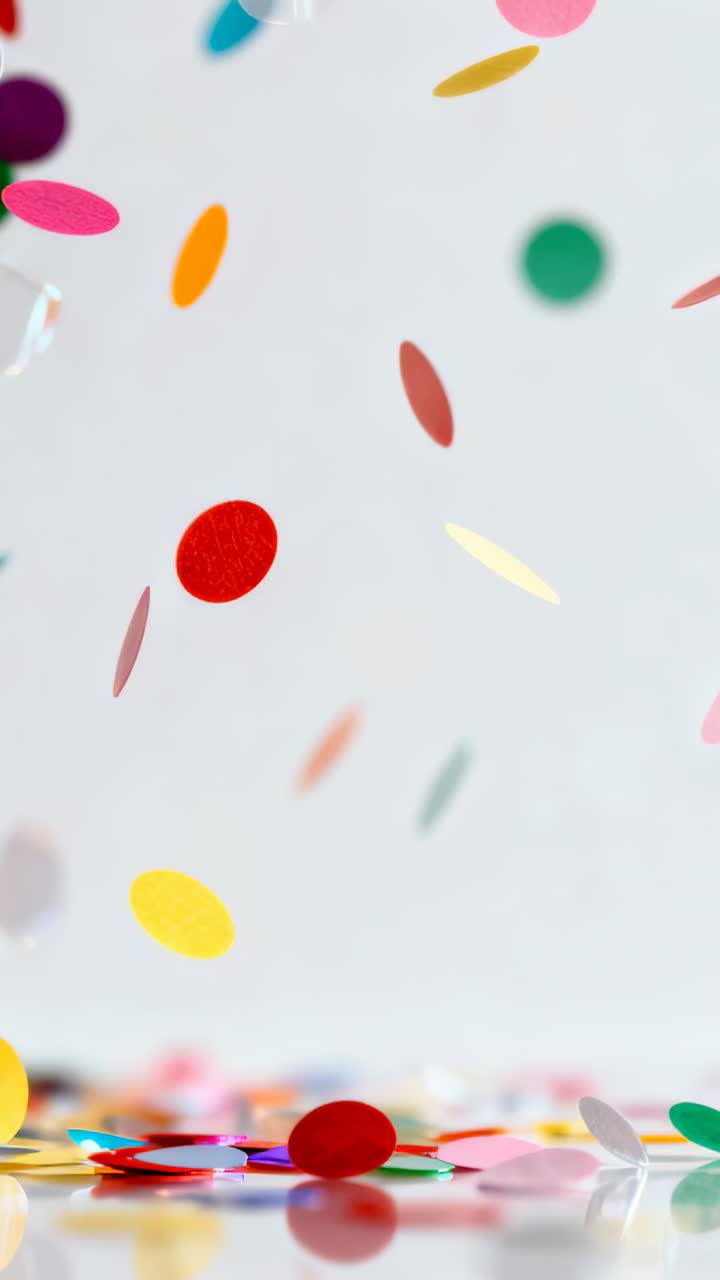 Video verticale: Coriandoli colorati che scoppiano, scendono e si accumulano sul vetro su un set con dischi lucidi.