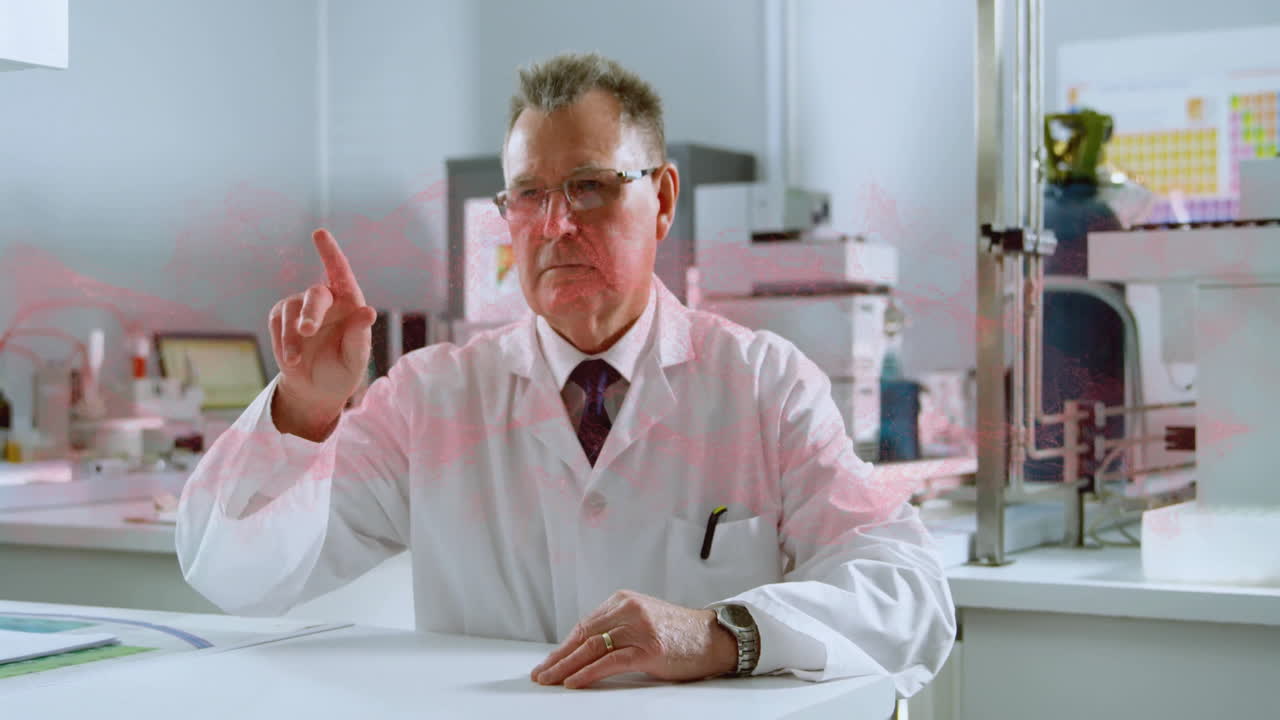 In laboratory, scientist in lab coat interacting with animation of holographic data