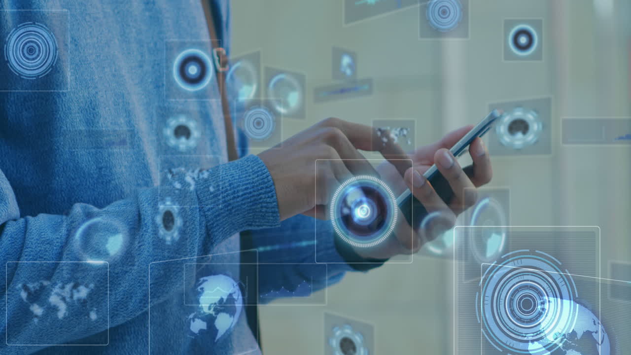 animación de escaneos y procesamiento de datos en pantallas sobre el hombre utilizando un teléfono inteligente