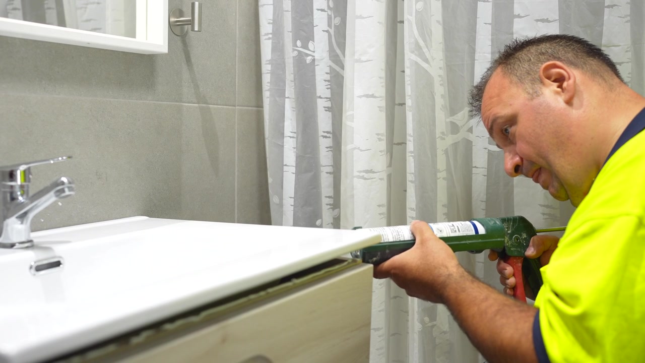Professional handyman caulking a ceramic sink in a modern bathroom during home renovation