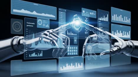 a fascinating encounter between advanced robotic hands communicating through glowing interfaces and data visualizations in a high-tech environment